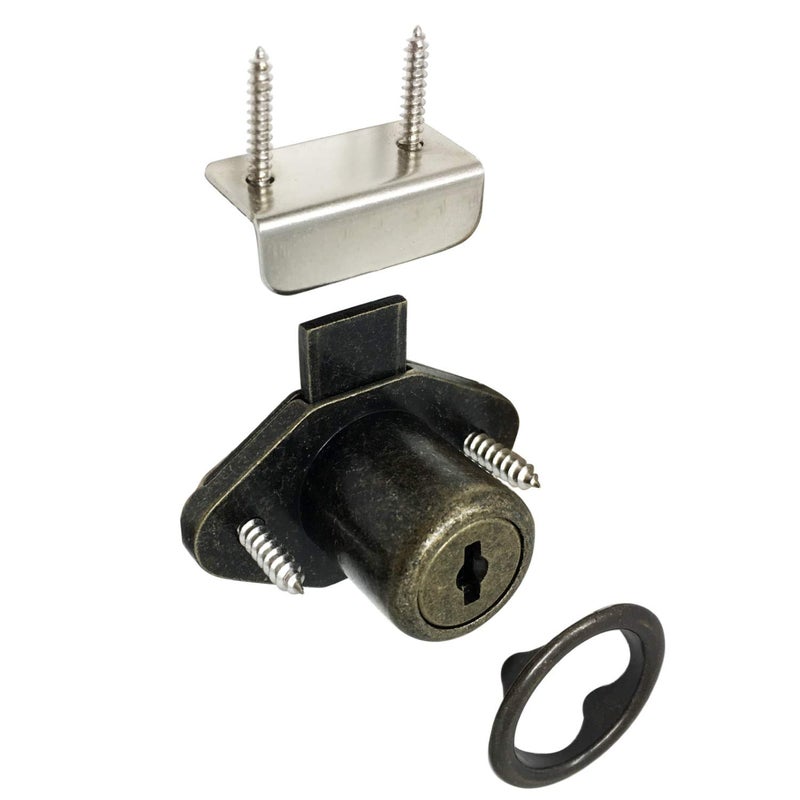 Desunia Office Desk Lock for Drawer & Door - 7/8" (.875") Bore - Antique Brass- Keyed Alike - Includes Escutcheon Trim Ring, Strike, & Screws - 1 Lock - Image 1